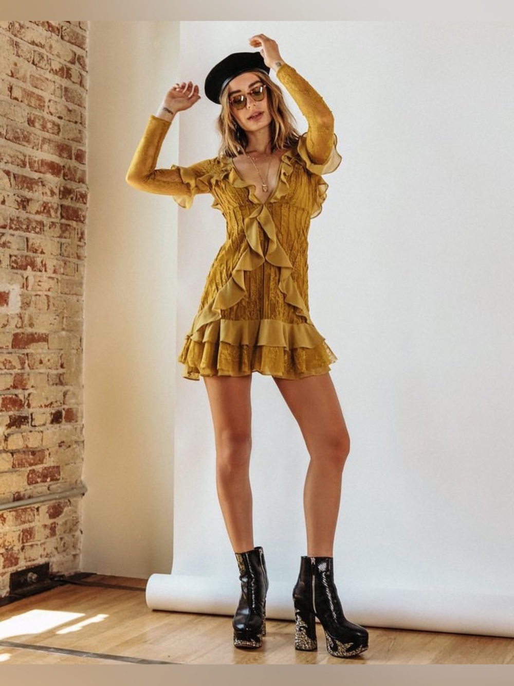 For Love & Lemons Daphne Lace Ruffle Mini Dress Chartreuse Yellow XS NWOT